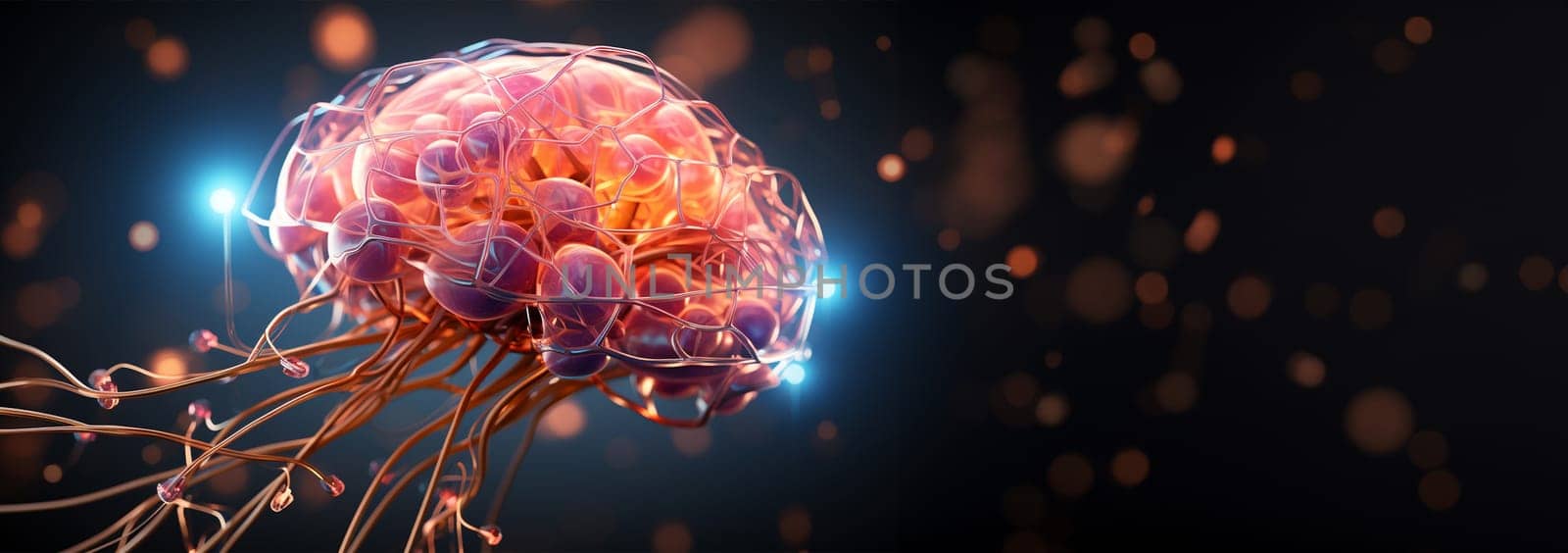 Concept of an Active Human Brain on a Dark Background. Colorful neon colors inside of a brain 3D, Human thinking mechanism concept. Brain research Copy space Space for text