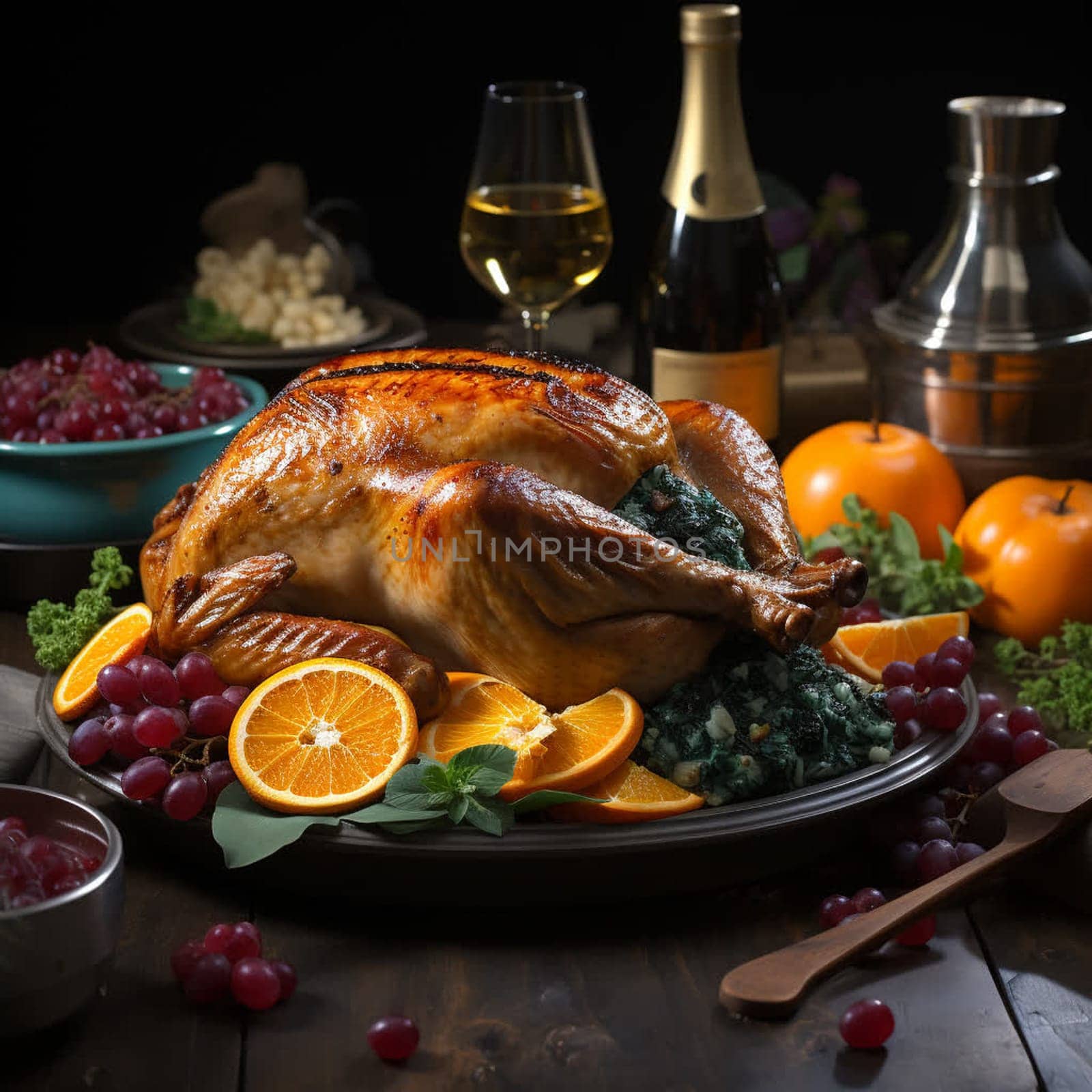 Thanksgiving dinner. A traditional roast turkey dish is on the table.