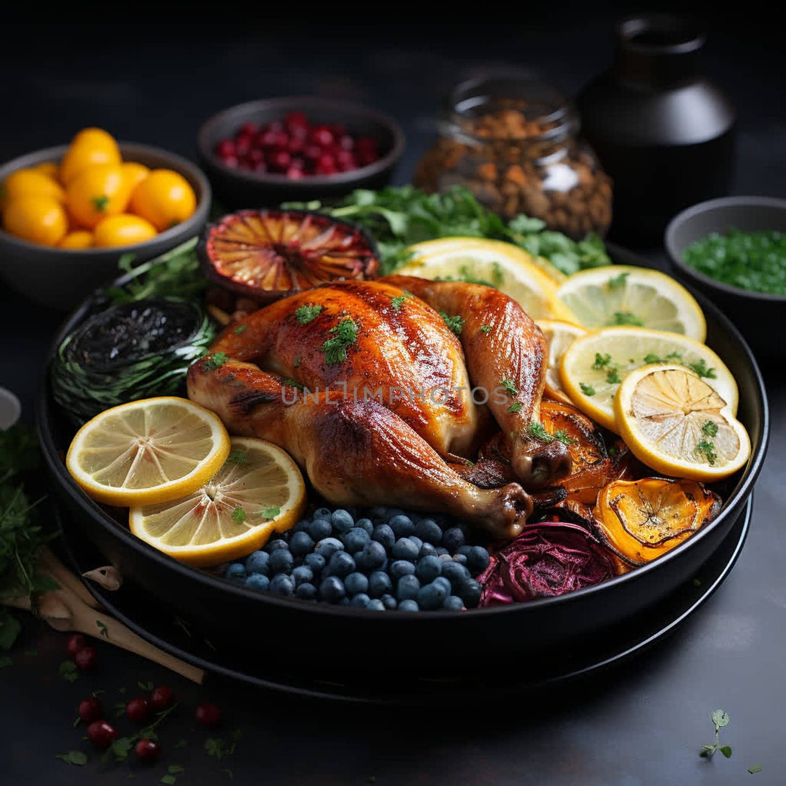 Thanksgiving dinner. A traditional roast turkey dish is on the table.