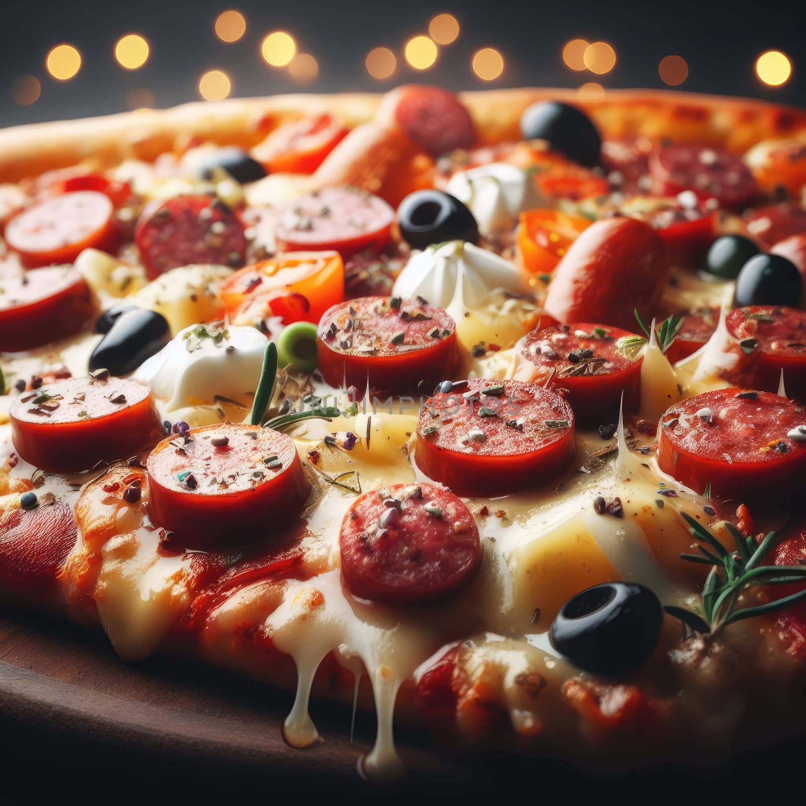 Hot pizza slice with melting cheese on a rustic wooden table.
