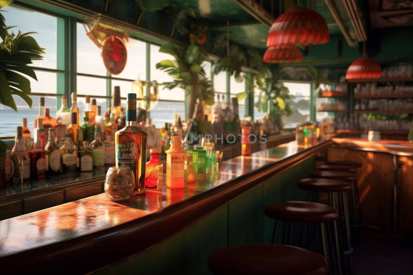 glass alcohol cocktail tropical interior fresh party vintage beverage drink bar. Generative AI. by Vichizh