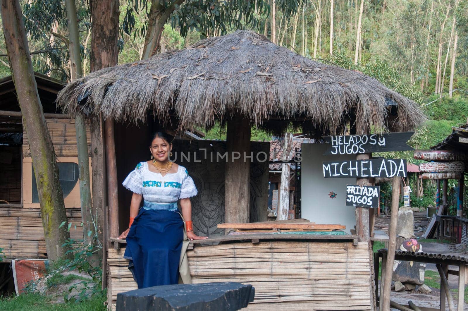 girl in a cabin selling food and drinks in a rural tourist destination in the mountains. High quality photo