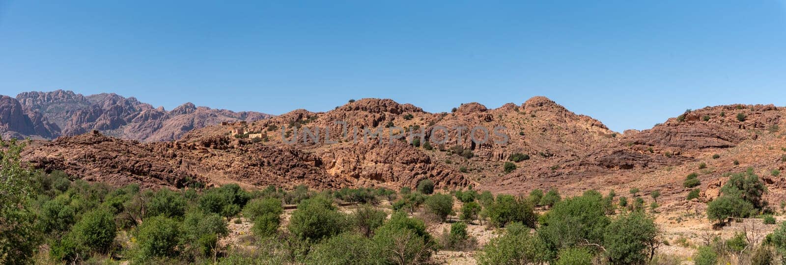 Great panoramic landscape of the Anti-Atlas mountains in the Taourirt region, Morocco