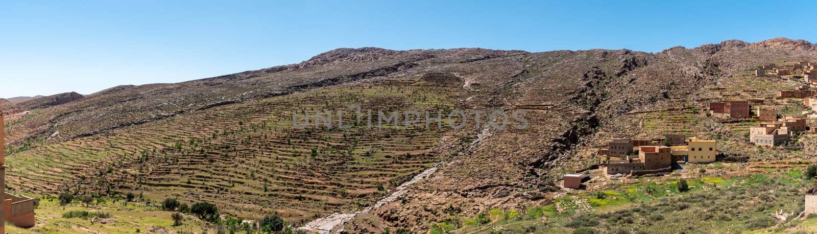 Great panoramic landscape of terrace cultivation in the Anti-Atlas mountains, Taourirt region in Morocco