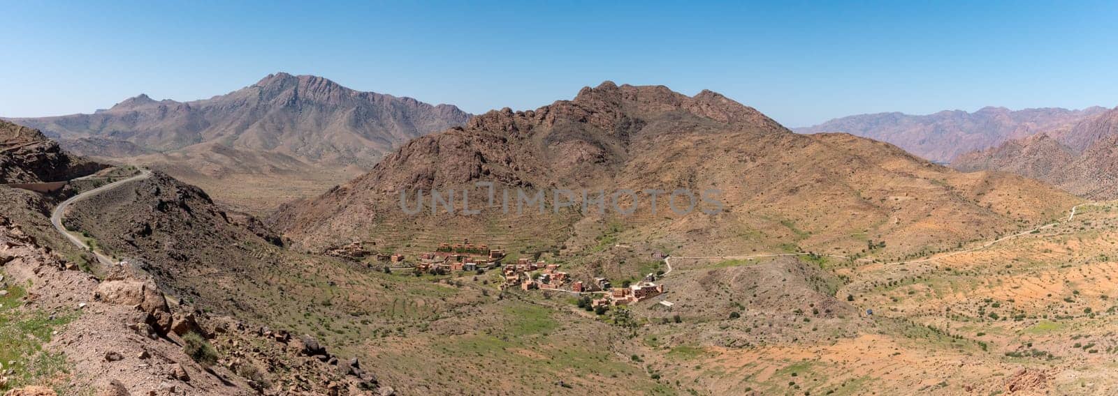 Great panoramic view of Ammeln valley in the Anti-Atlas mountains in spring, Morocco
