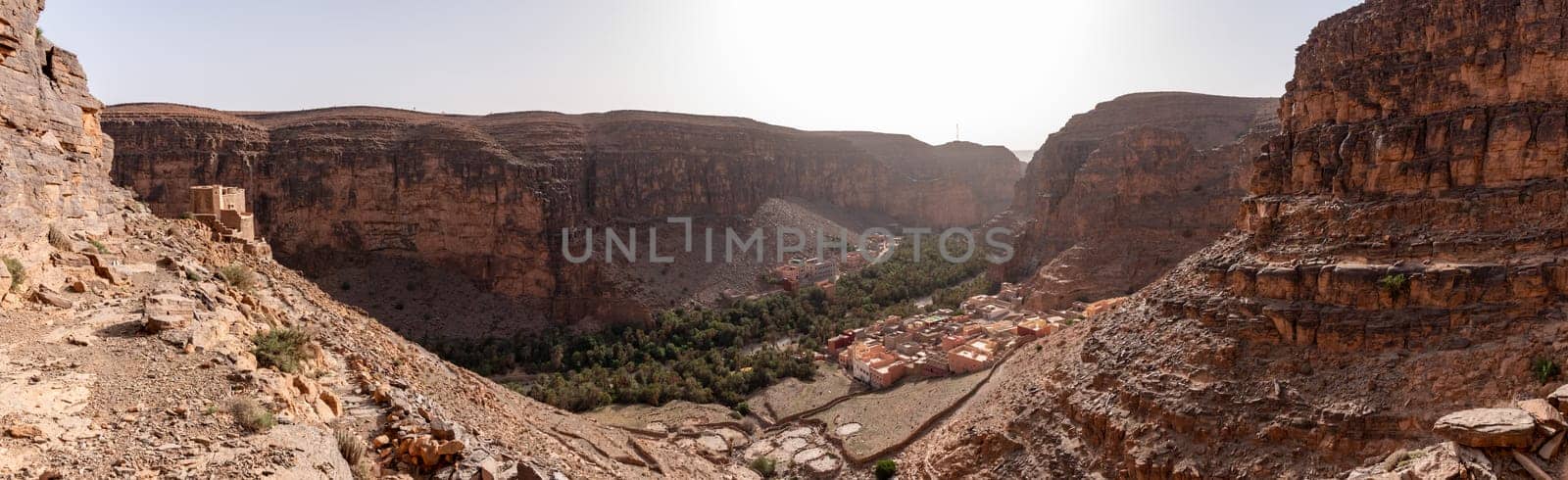 Panoramic view of famous Amtoudi gorge and the Aguellouy agadir, an old granary, in the Anti-Atlas mountains, Morocco