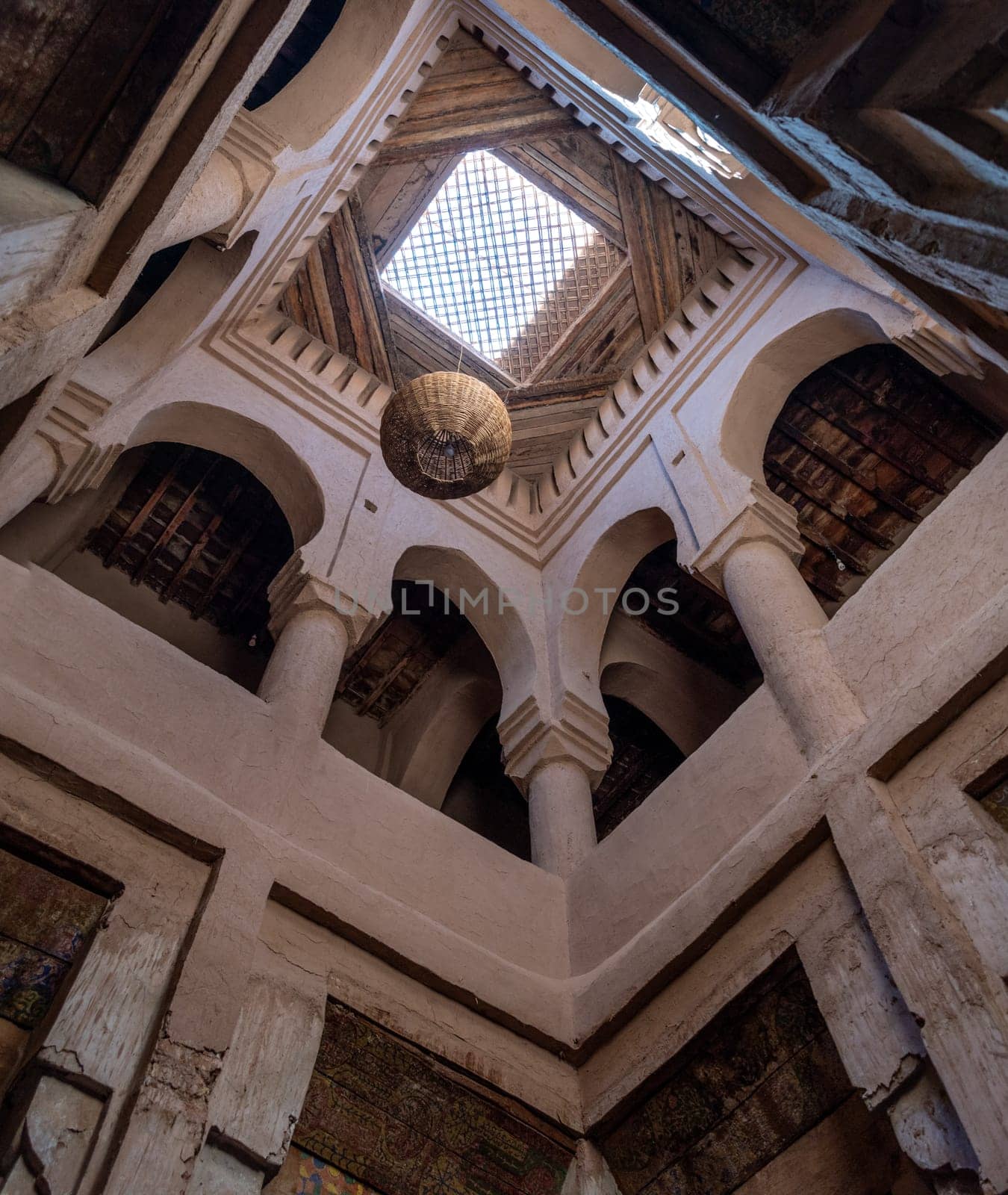 Ornate rebuilt inner courtyard of a typical berber kasbah in the Draa valley in Morocco