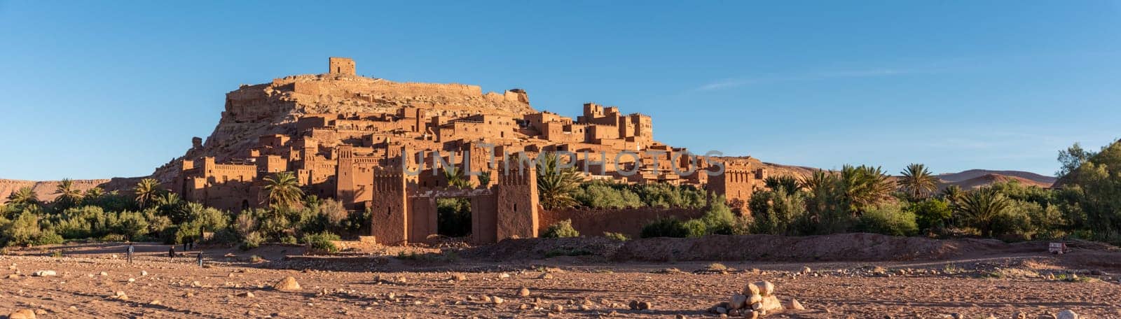 Sunrise over the beautiful historic town Ait Ben Haddou in Morocco, famous berber town with many kasbahs built of clay, UNESCO world heritage