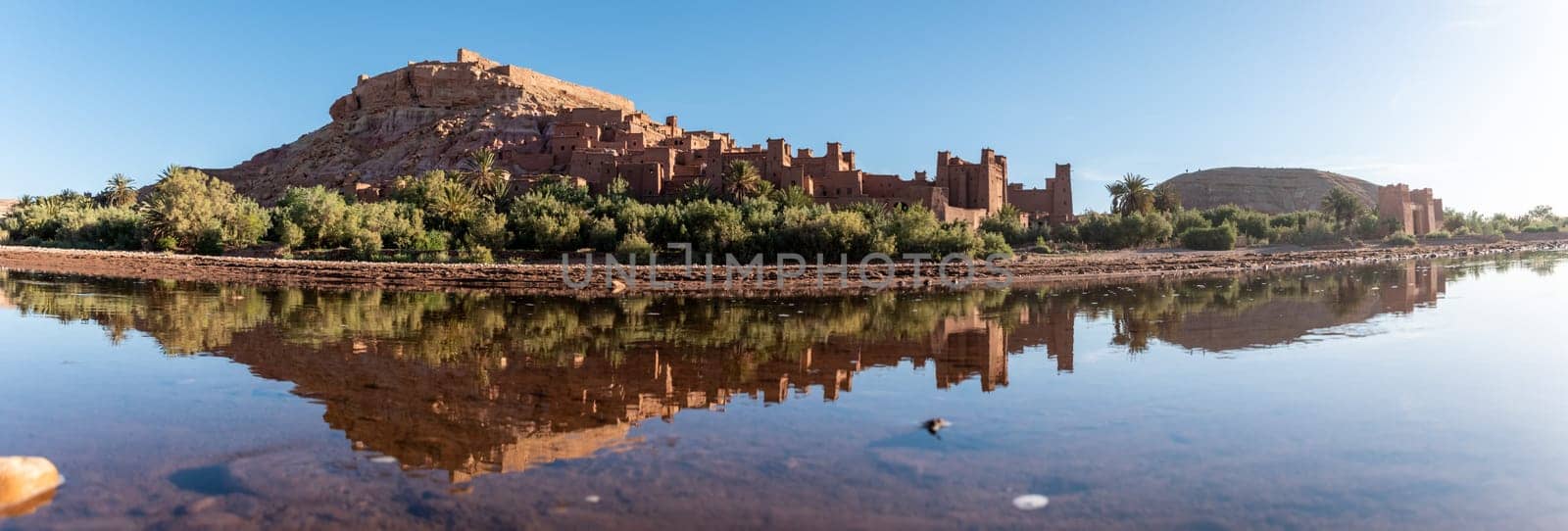Sunrise over the beautiful historic town Ait Ben Haddou in Morocco, famous berber town with many kasbahs built of clay, UNESCO world heritage