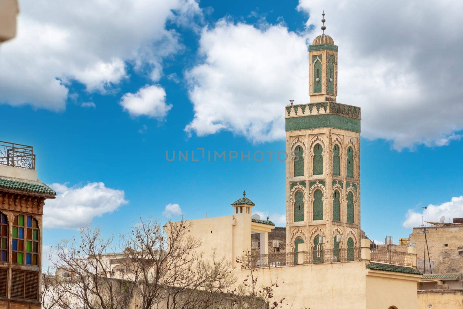 Minaret of mosque Sidi Ahmed Tijana in the medina of Fes, Morocco