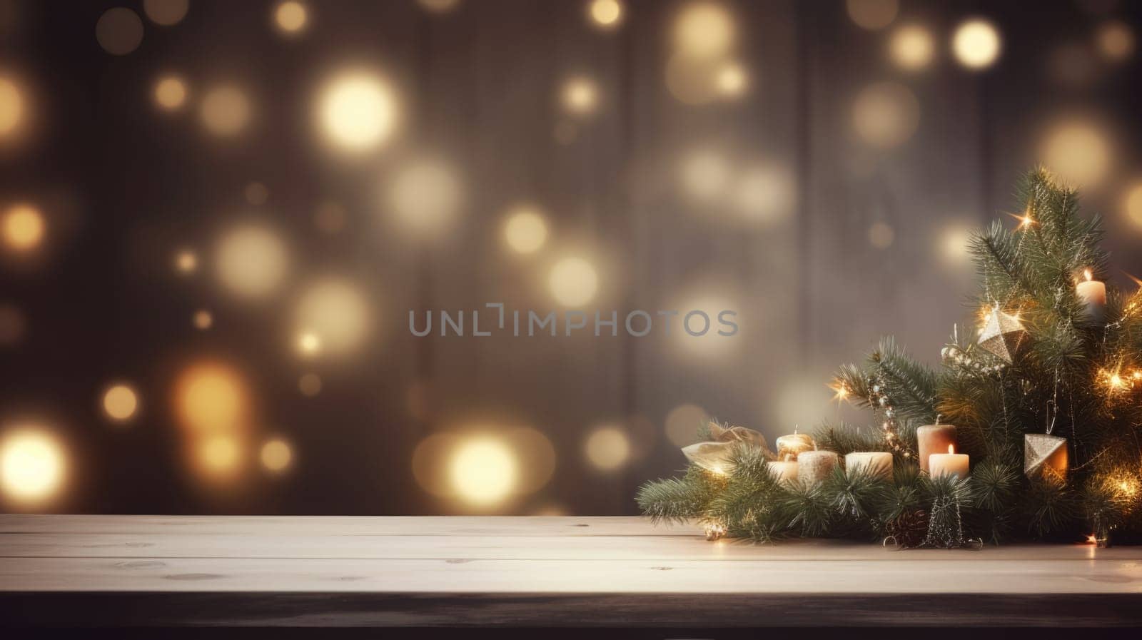 Merry Christmas and Happy New Year background with empty wooden table over Christmas tree and blurred light bokeh. Empty display for product placement. Rustic vintage Xmas 2024 background. comeliness