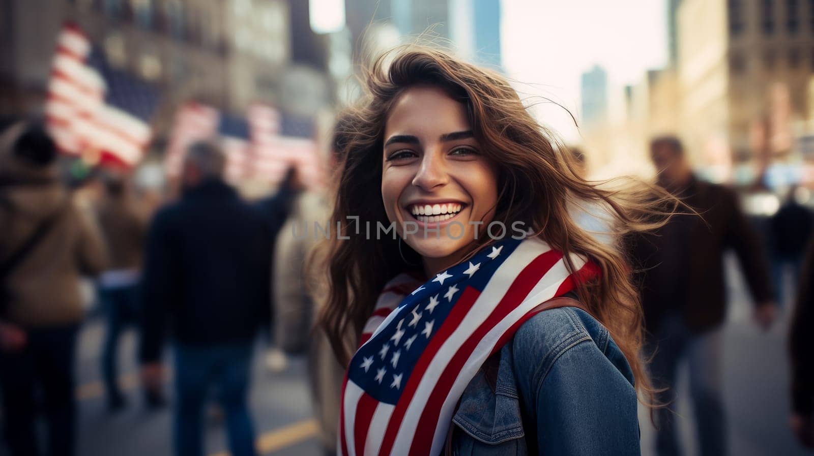 Happy, smiling woman with an American flag in the city on the Independence Day holidays of the United States of America. by Alla_Yurtayeva