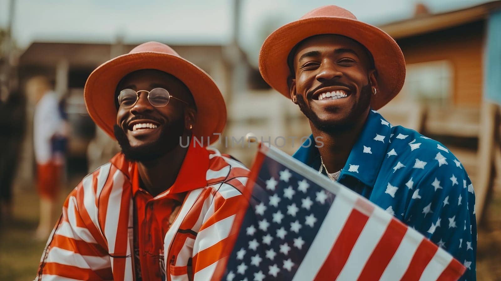 Happy smiling two afro men with American flag on the Independence Day holidays of the United States of America. by Alla_Yurtayeva