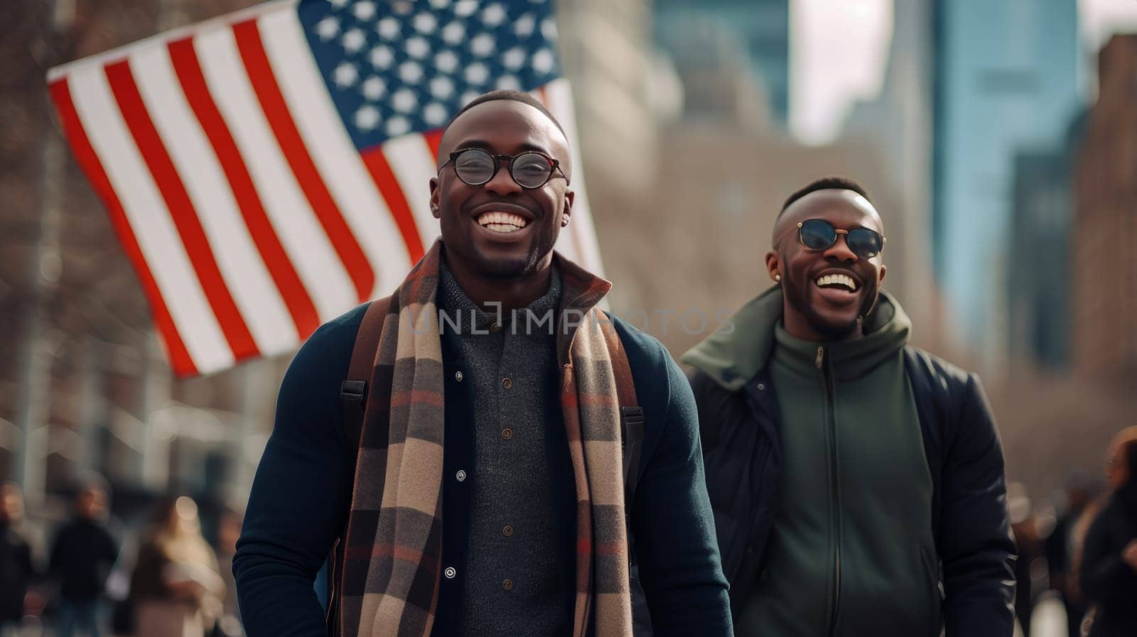 Happy smiling two afro men with American flag on the Independence Day holidays of the United States of America. American President's Day, USA Independence Day, American flag colors background, 4 July, February holiday, stars and stripes, red and blue