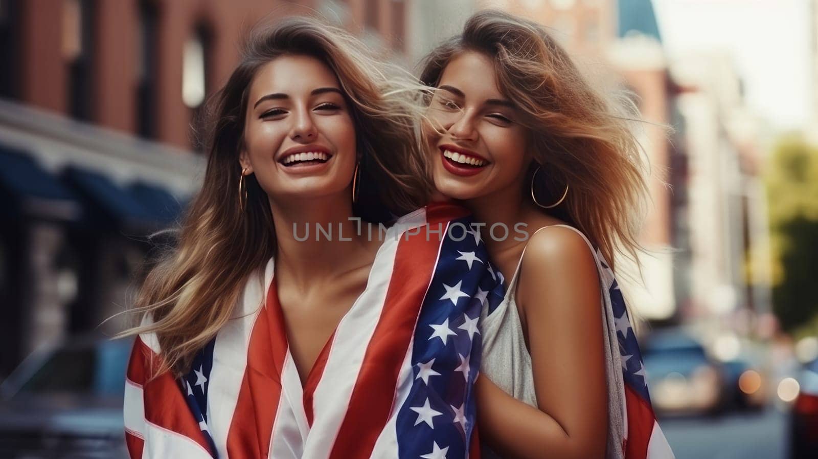 Happy two women with an American flag in city on the Independence Day holidays of the United States of America. American President's Day, USA Independence Day, American flag colors background, 4 July, February holiday, stars and stripes, red and blue