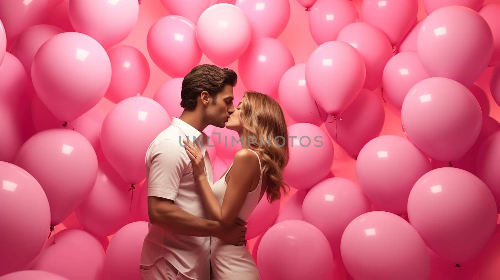 Man and woman couple enjoying love with a love balloons around them, valentine concept