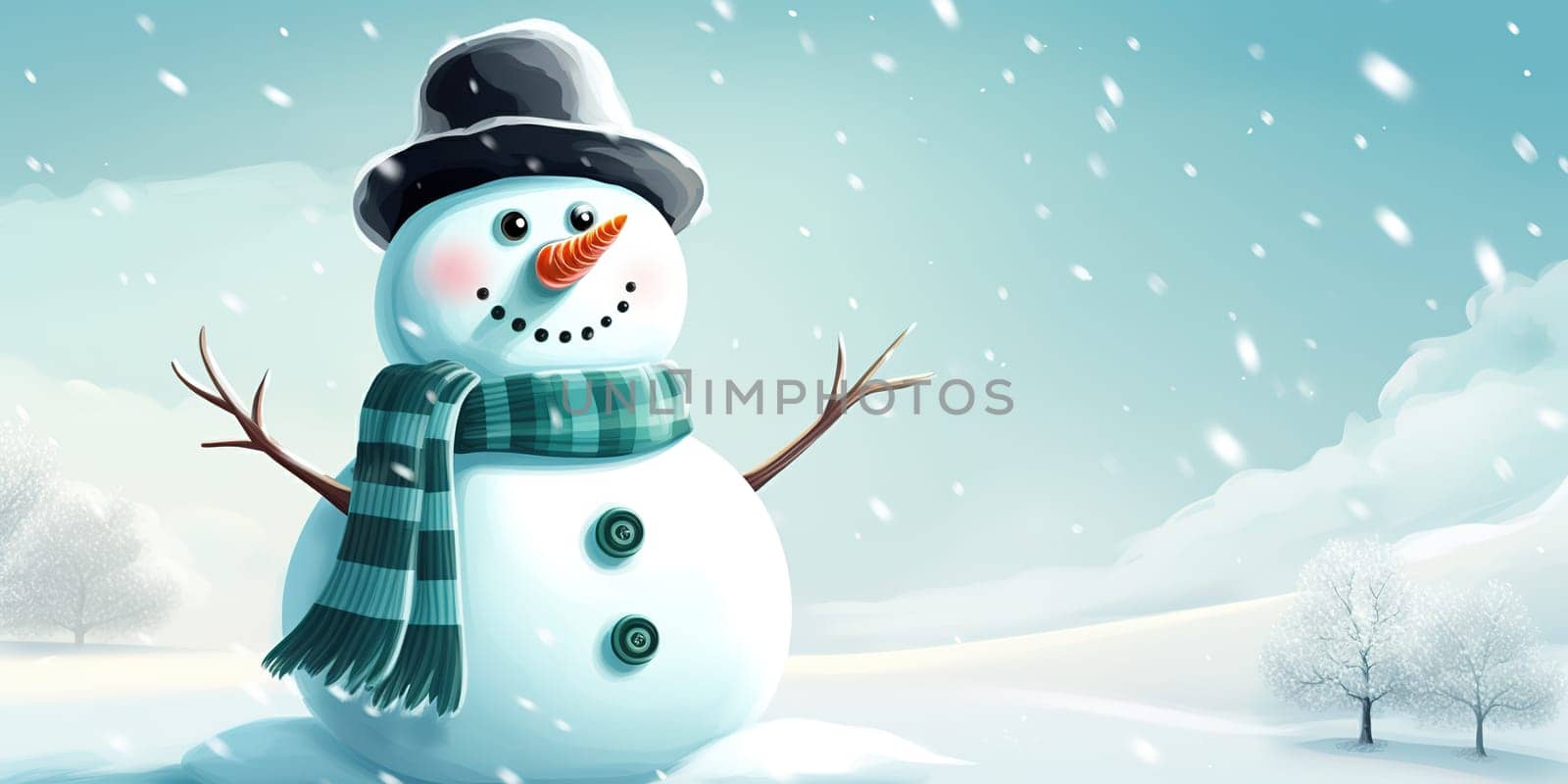 Happy, smiling a snowman during winter time, copy space