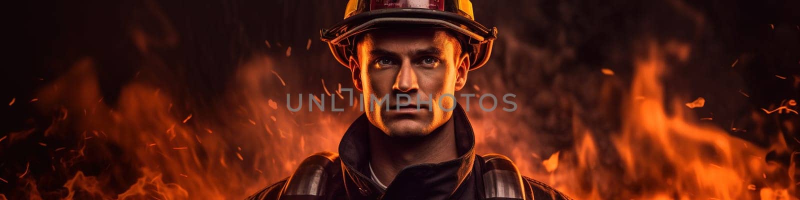 Portrait of firefighter when extinguishing fire, fireman