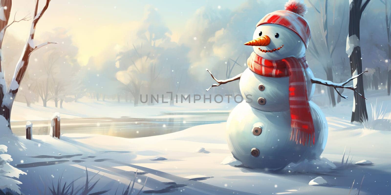 Happy, smiling a snowman during winter time, copy space