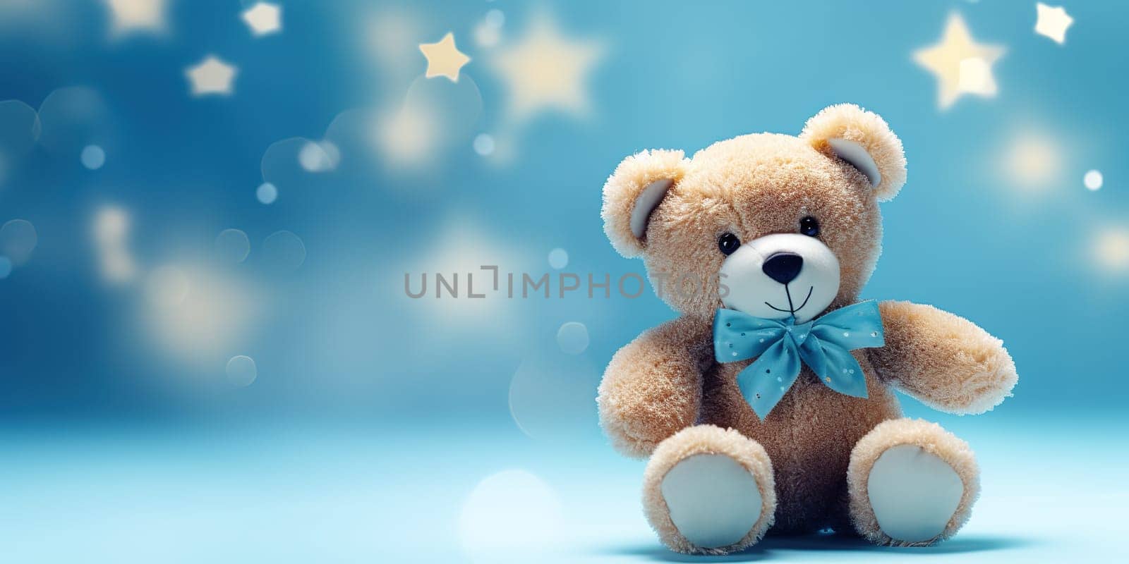 Cute, plush teddy bear on the light blue background with copy space by Kadula