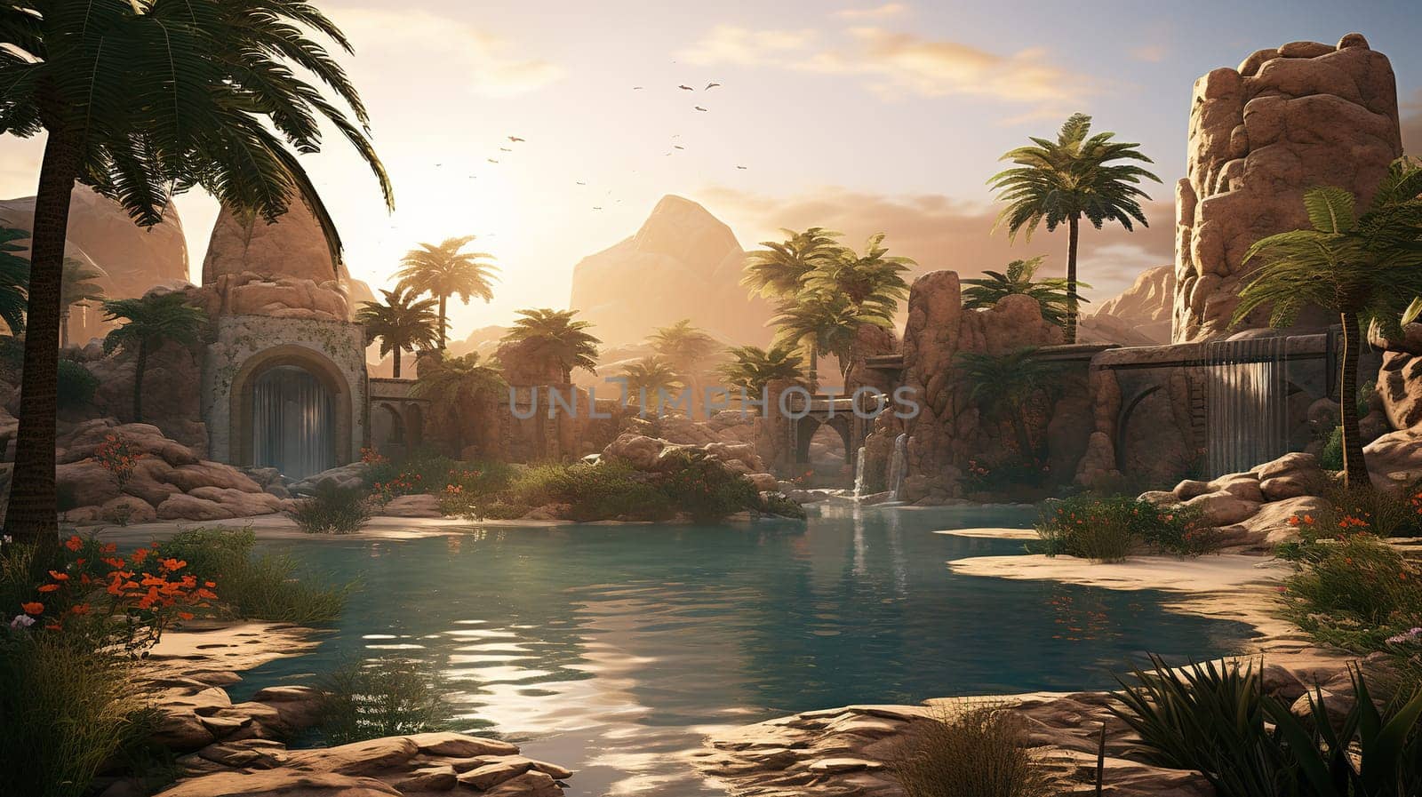 Oasis a fertile spot in a desert, where water is found with palm trees, nature concept by Kadula