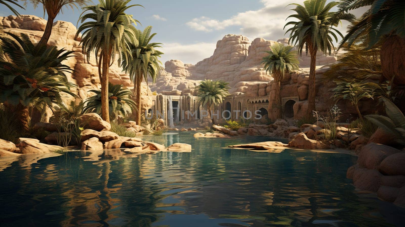 Oasis a fertile spot in a desert, where water is found with palm trees, nature concept by Kadula