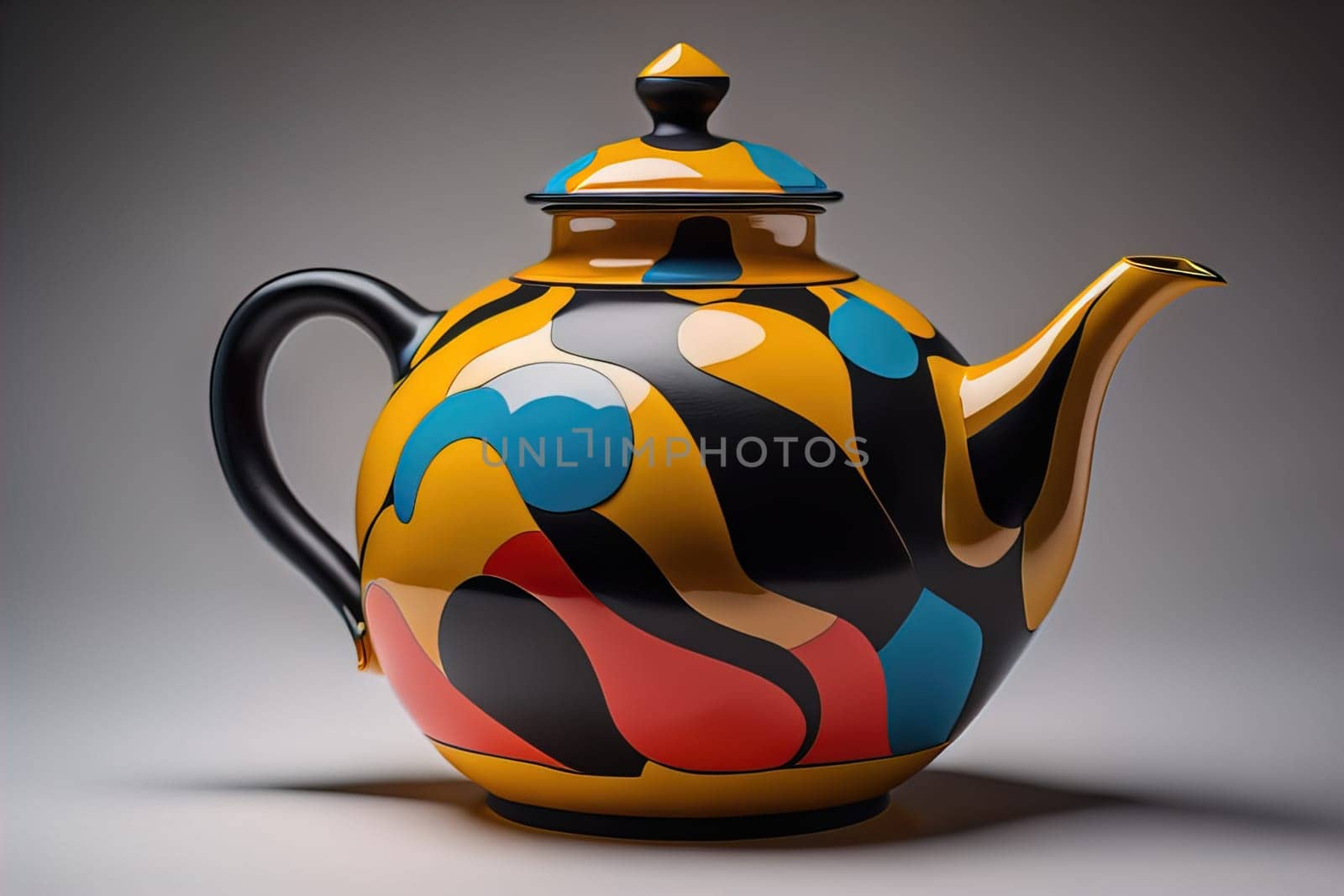 A ceramic teapot on a colid color background. ai generative