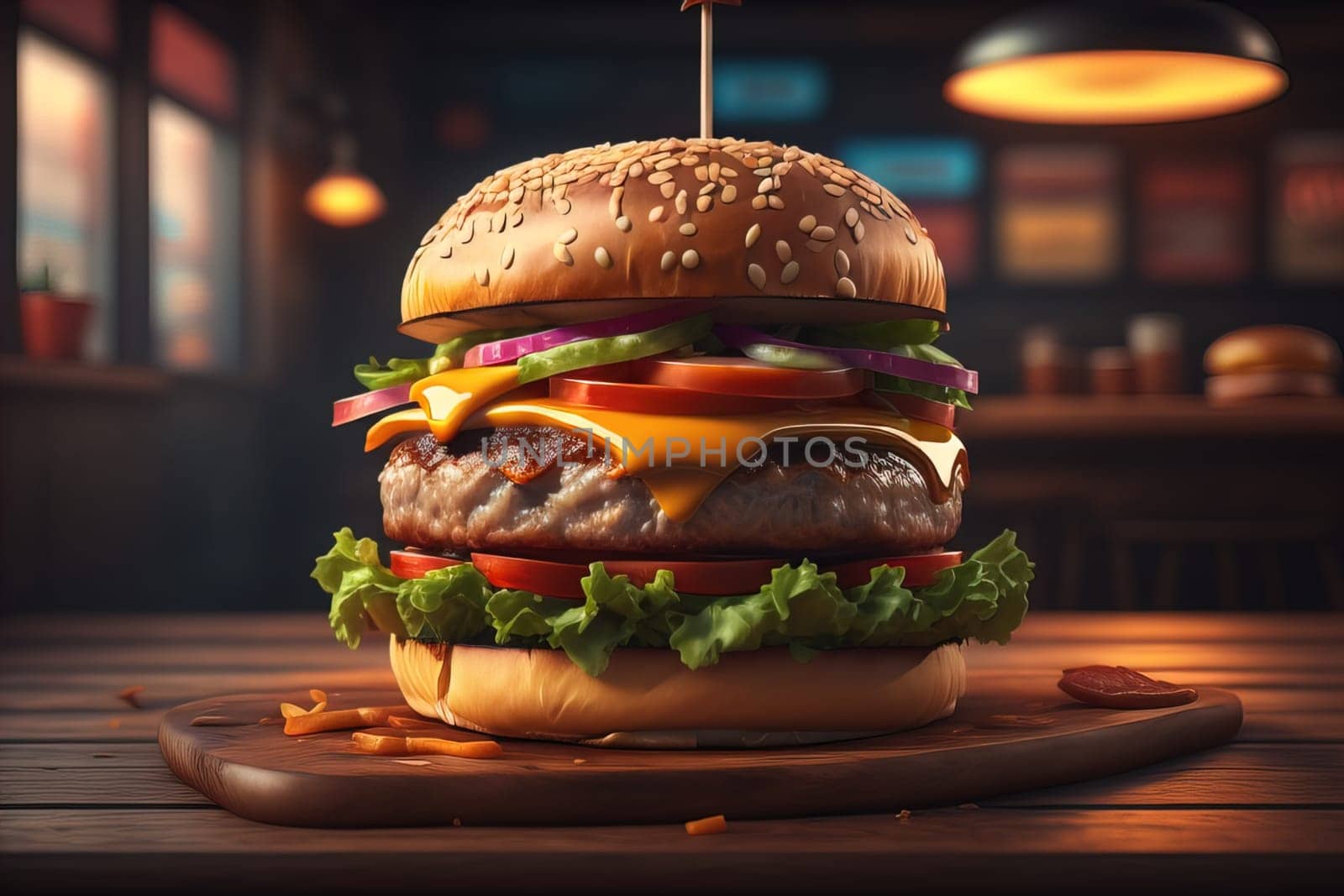 Big tasty hamburger on wooden table. ai generative