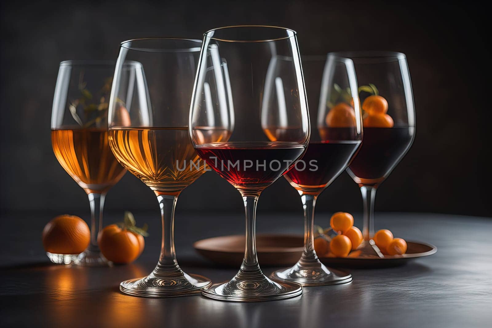 Wine glasses on a wooden table against the background. ai generative