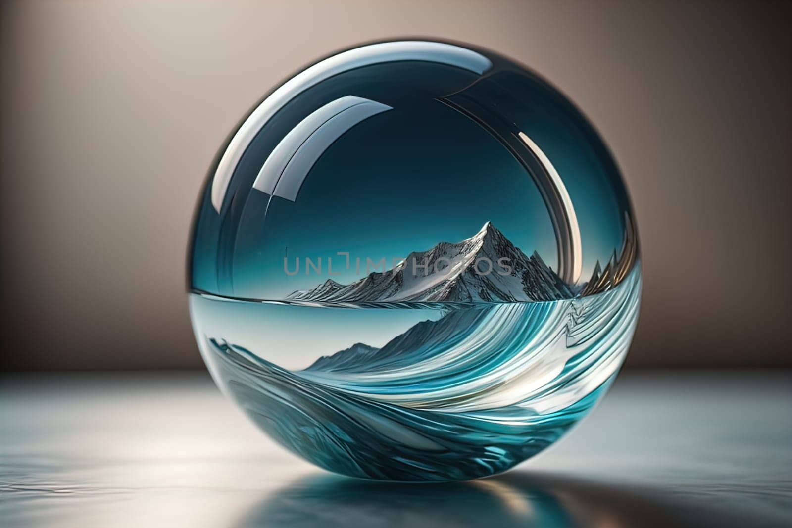 Transparent crystal ball on a wooden table. ai generative