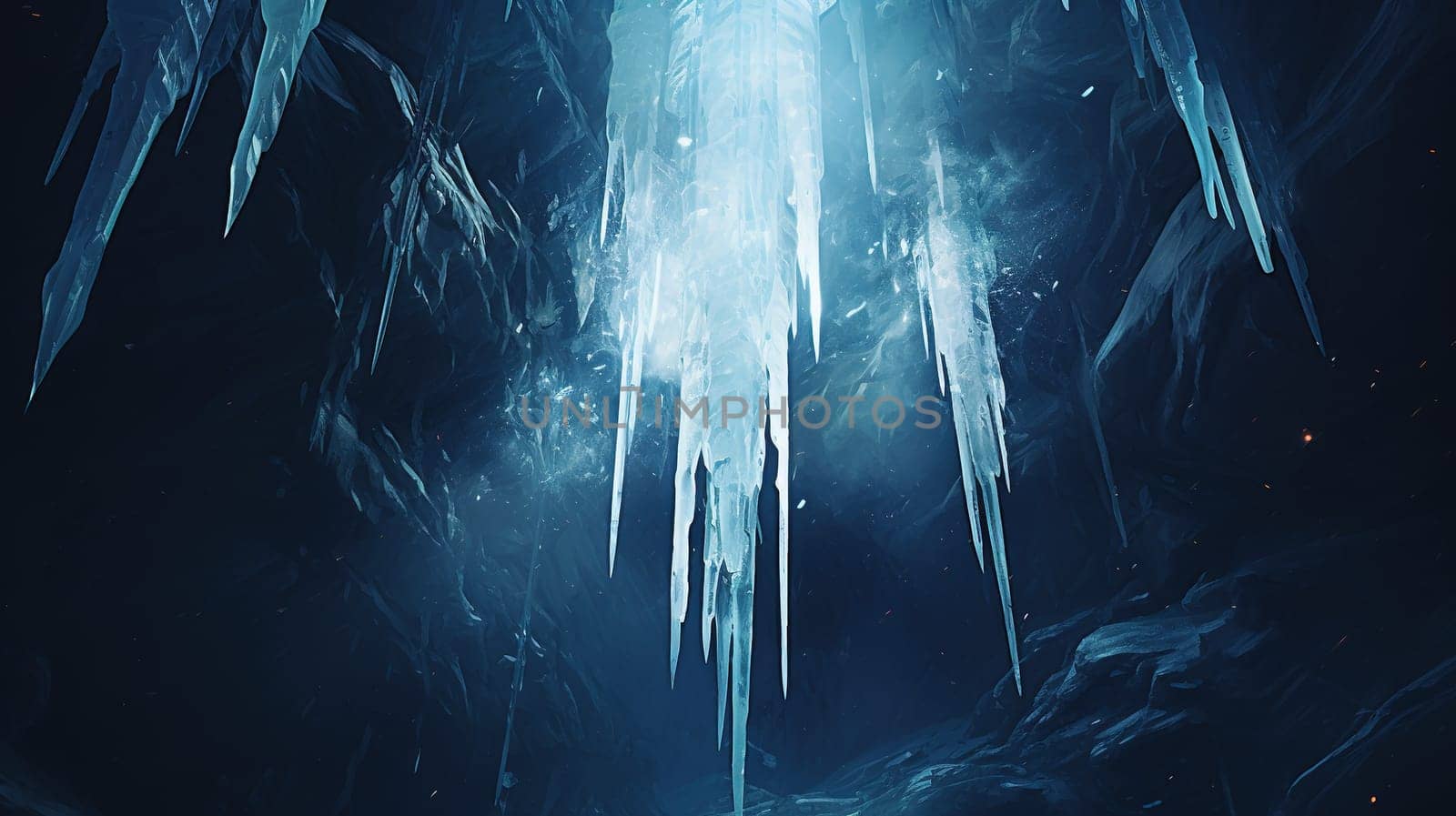Frosty ice cave with huge icicle around, nature concept by Kadula