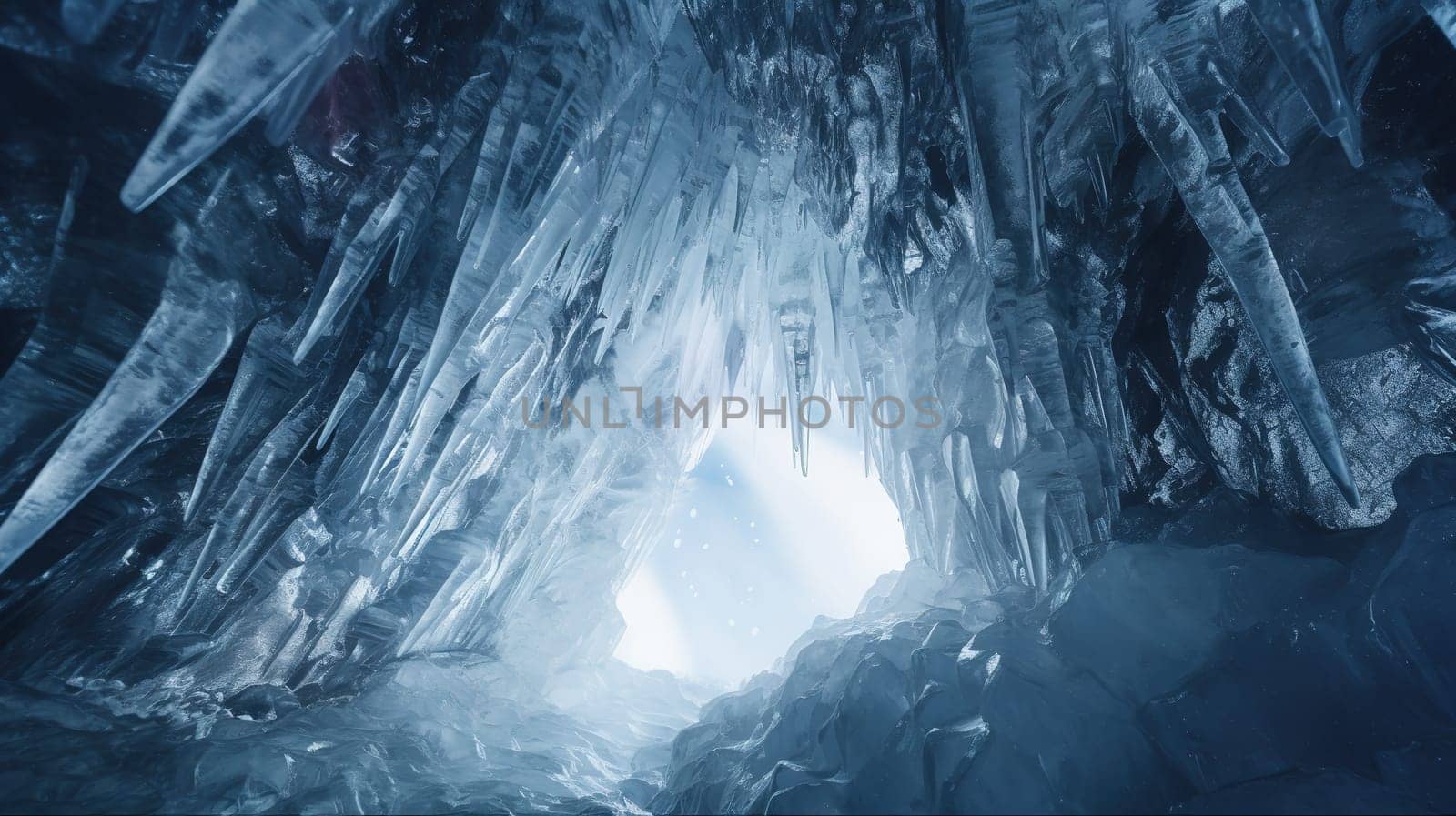 Frosty ice cave with huge icicle around, nature concept by Kadula