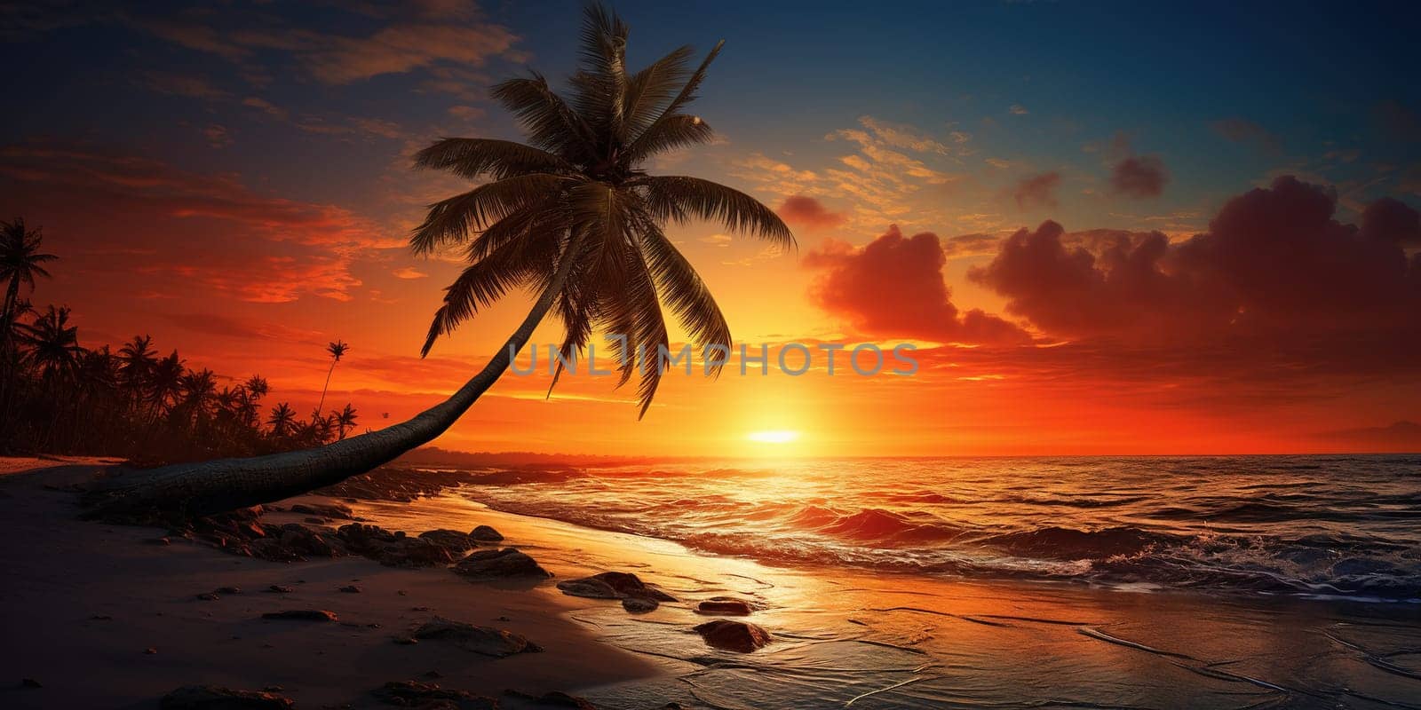 Lovely beach with palm tree and sea during lovely summer sunset by Kadula