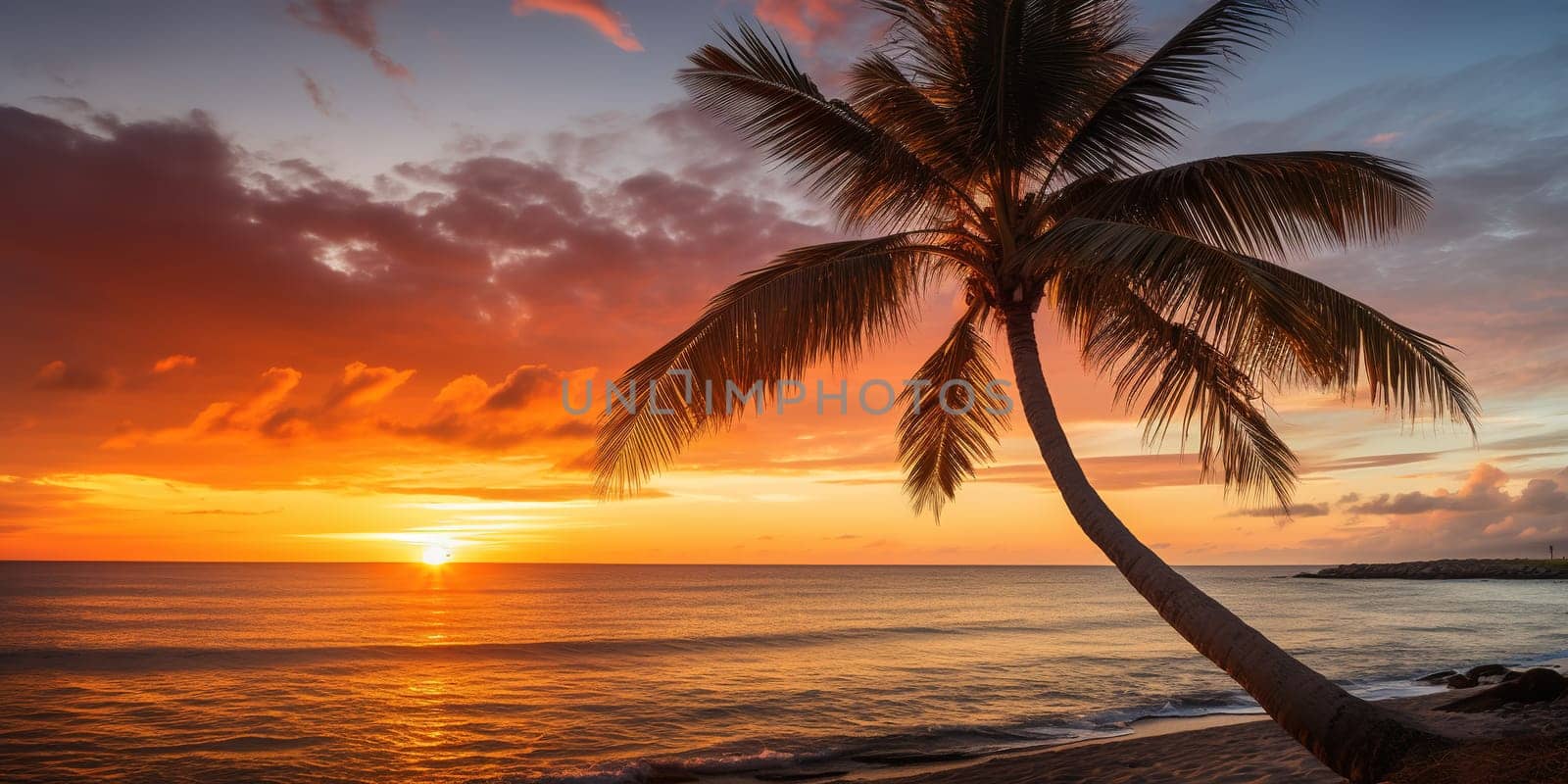 Lovely beach with a palm tree and sea during lovely summer sunset