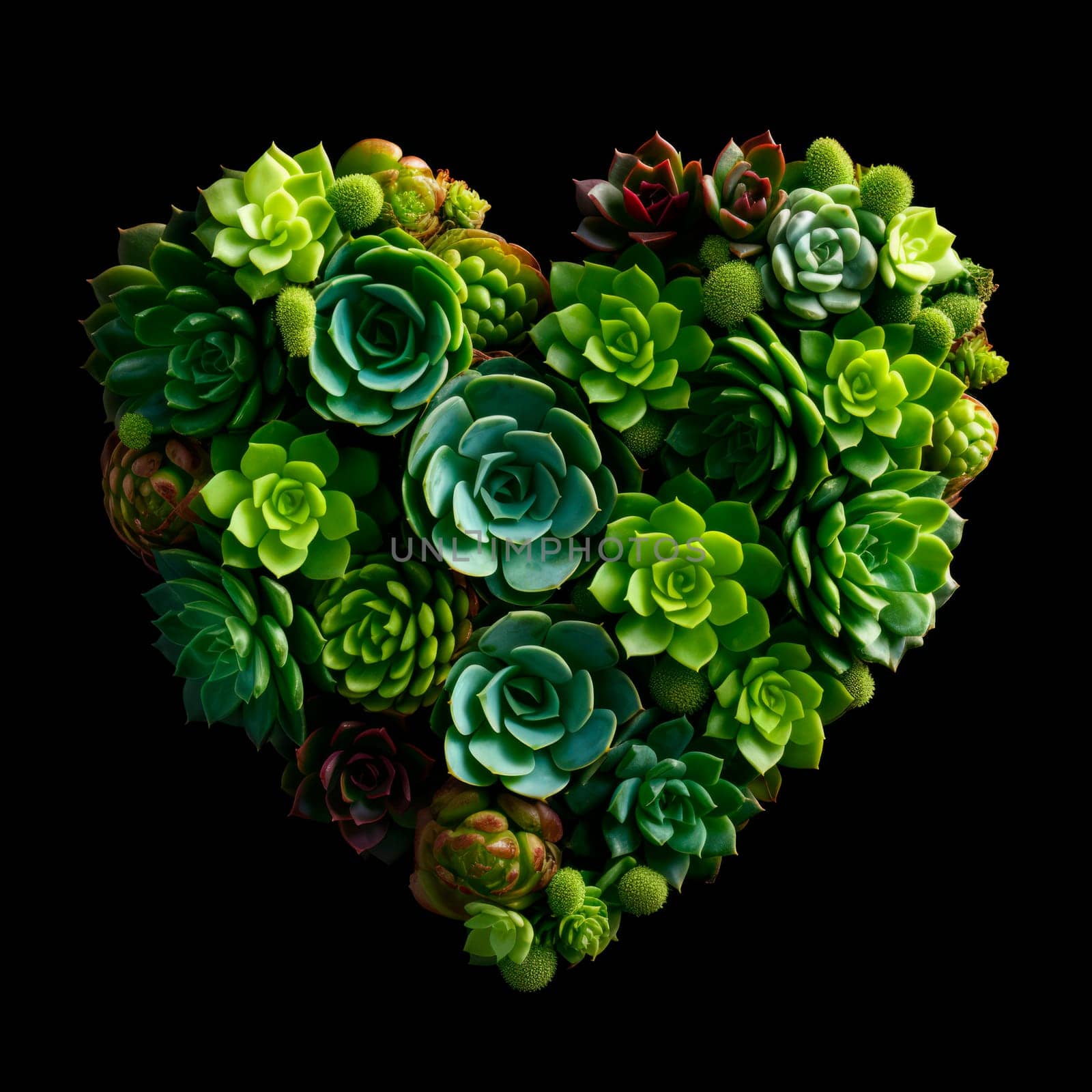 The heart is lined with beautiful succulents on a black background by Spirina