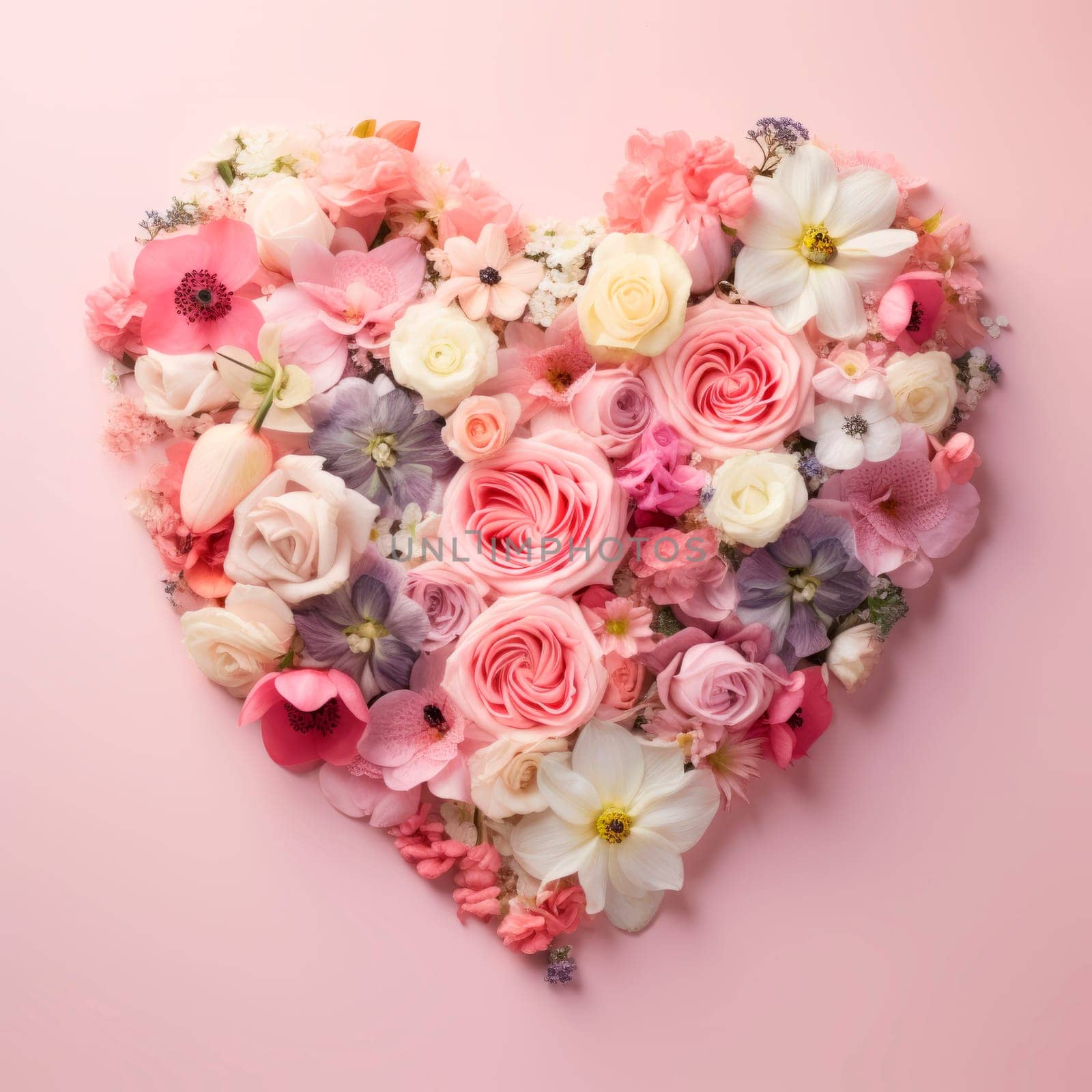 The heart is lined with beautiful pink and white flowers on a pink background by Spirina