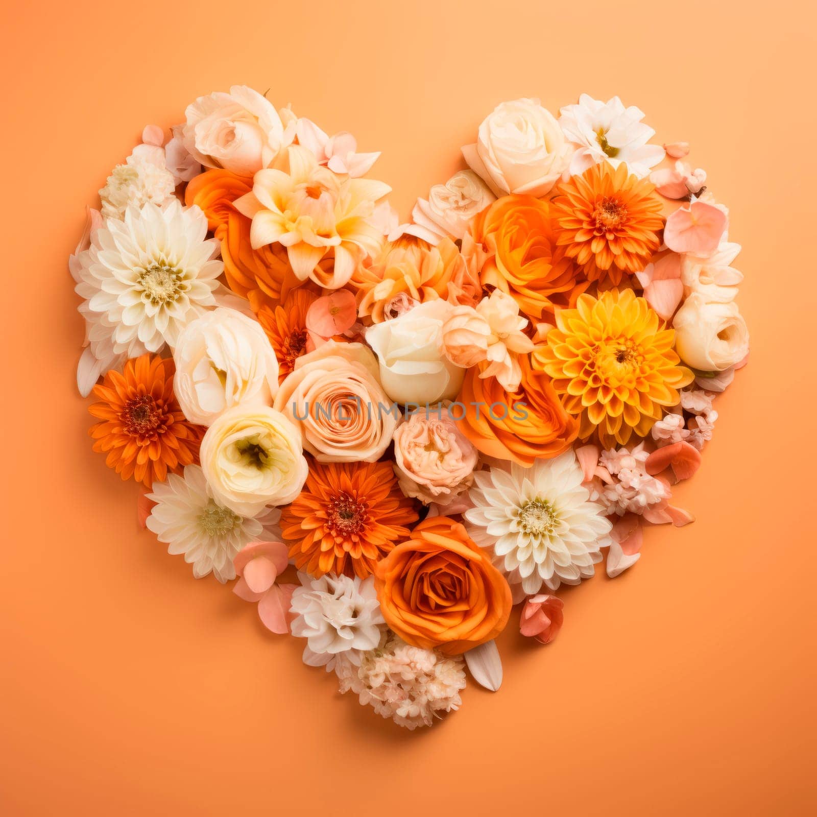 The heart is lined with beautiful multicolored flowers in a yellow-orange scale by Spirina