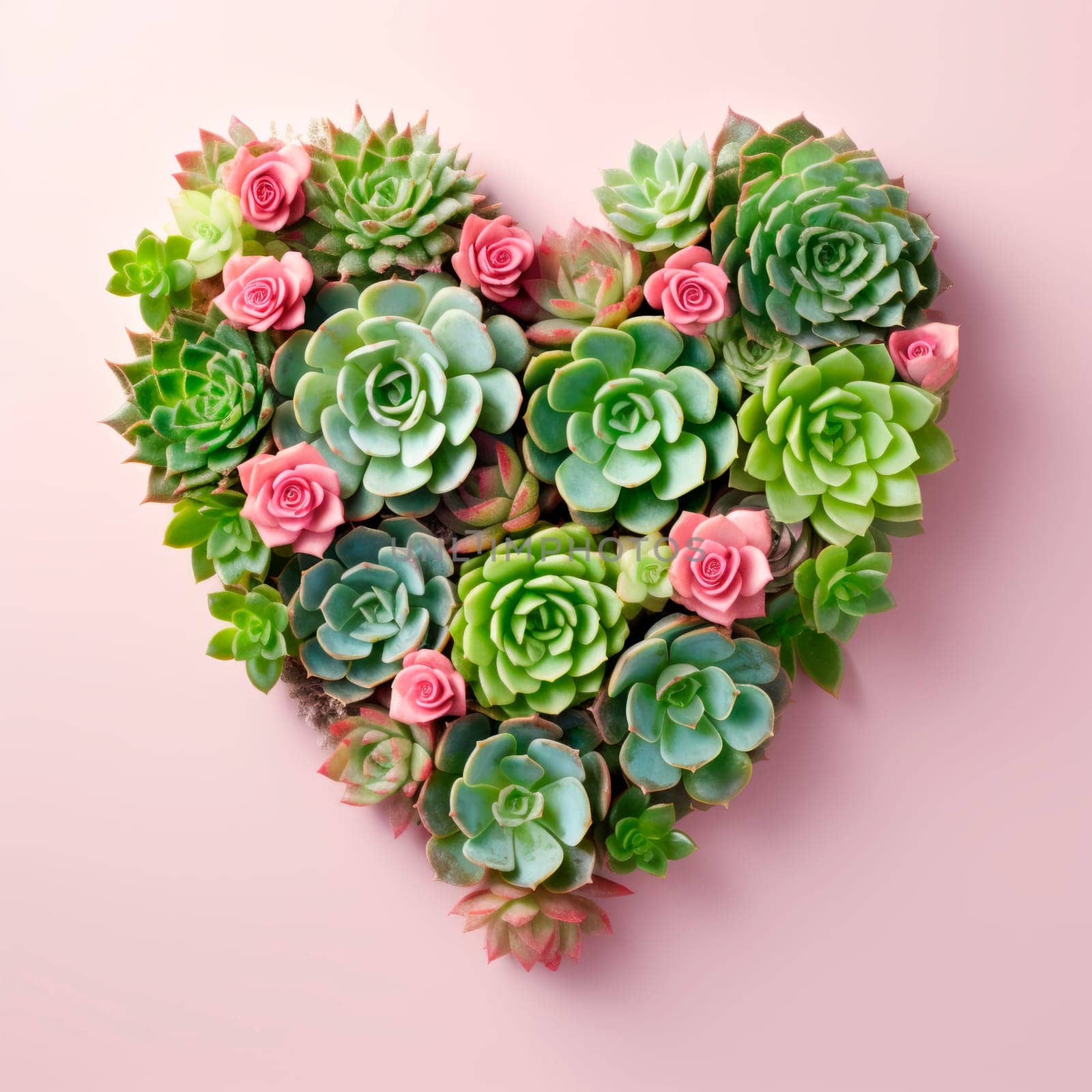 The heart is lined with beautiful succulents on a light pink background by Spirina