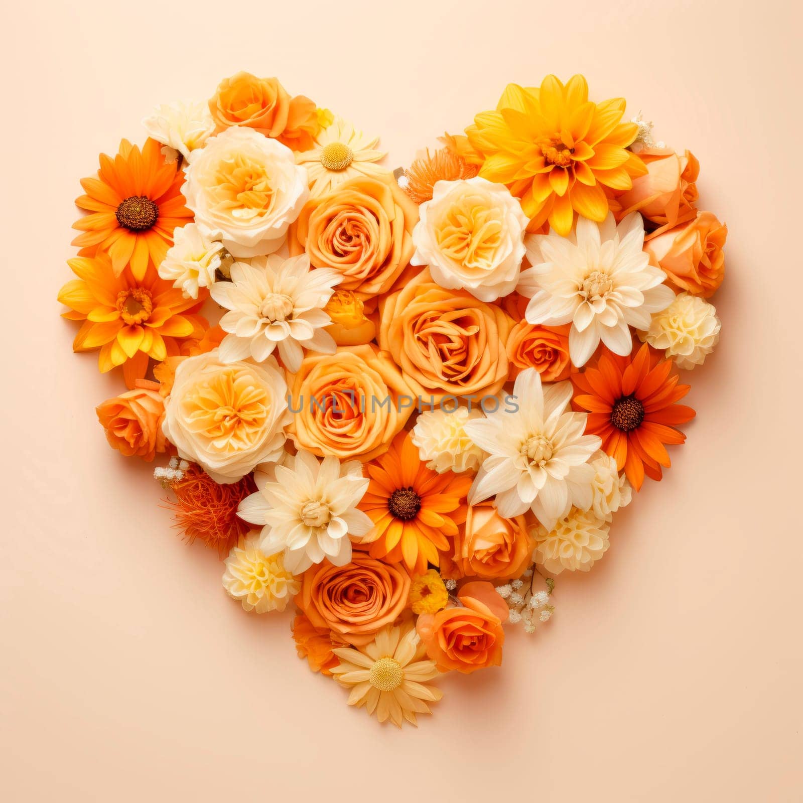 The heart is lined with beautiful multicolored flowers in a yellow-orange scale. The concept of the holiday. Minimalism. High quality photo
