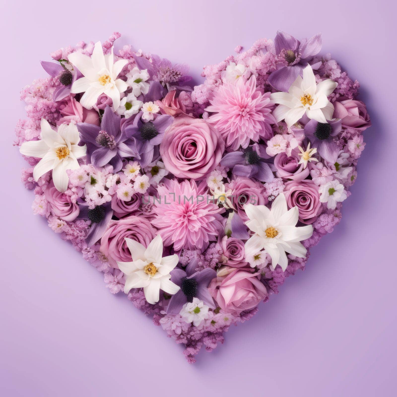 The heart is lined with beautiful multicolored flowers in pink and purple. The concept of the holiday. Minimalism. High quality photo