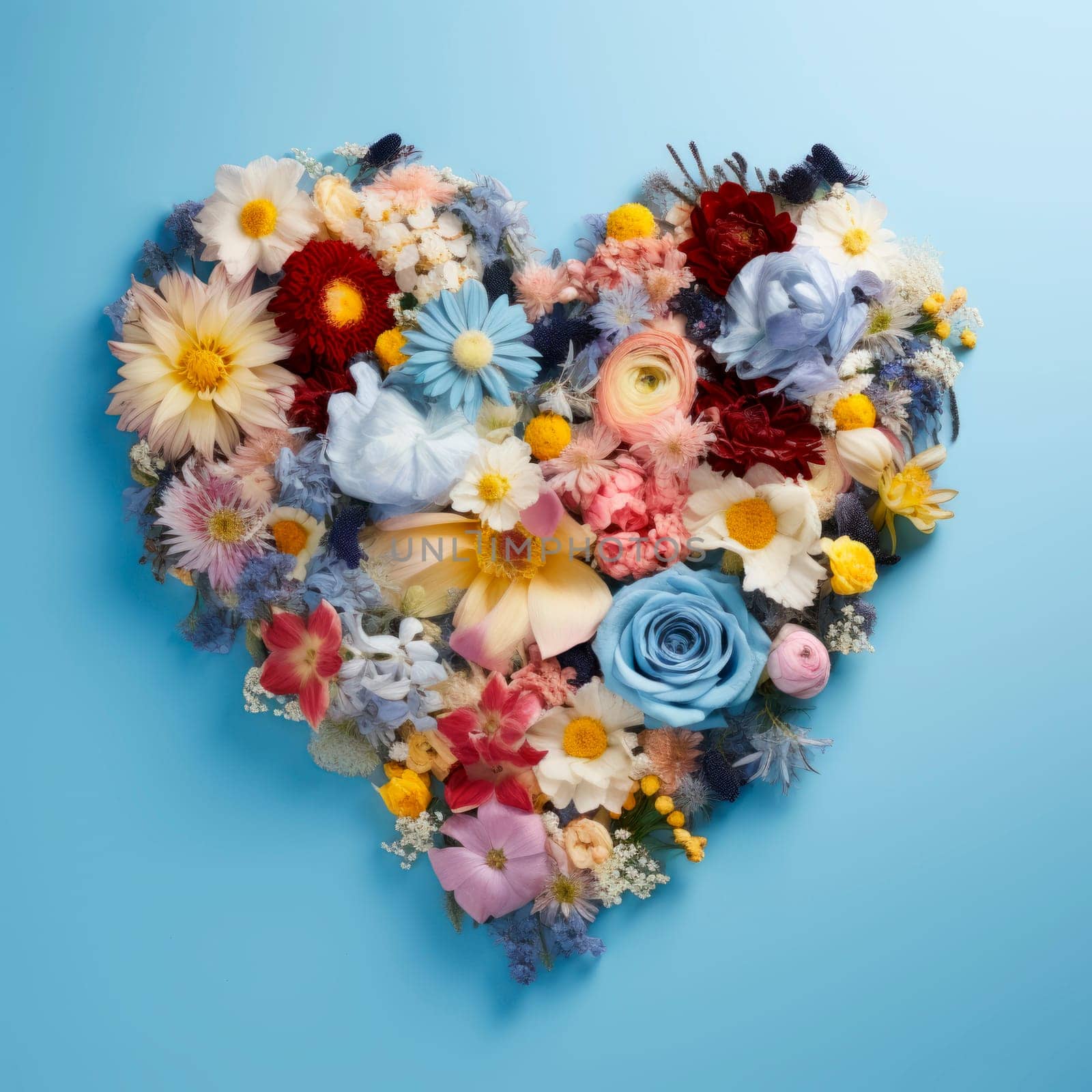 The heart is lined with beautiful multicolored flowers on a blue background by Spirina