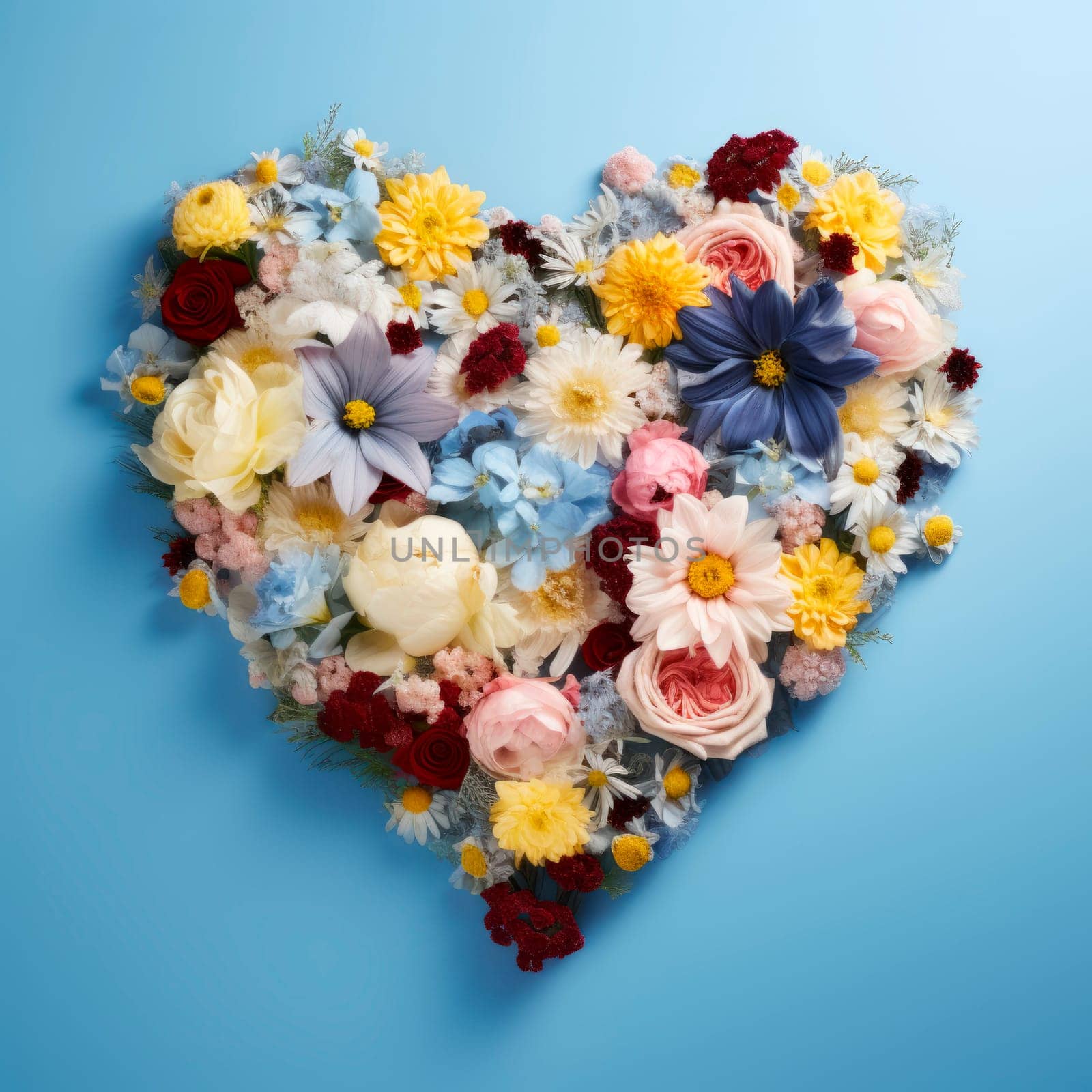 The heart is lined with beautiful multicolored flowers on a blue background. The concept of the holiday. Minimalism. High quality photo