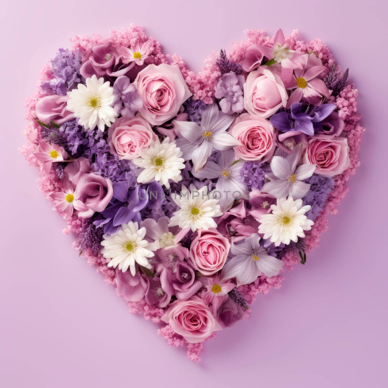 The heart is lined with beautiful multicolored flowers in pink and purple. The concept of the holiday. Minimalism. High quality photo