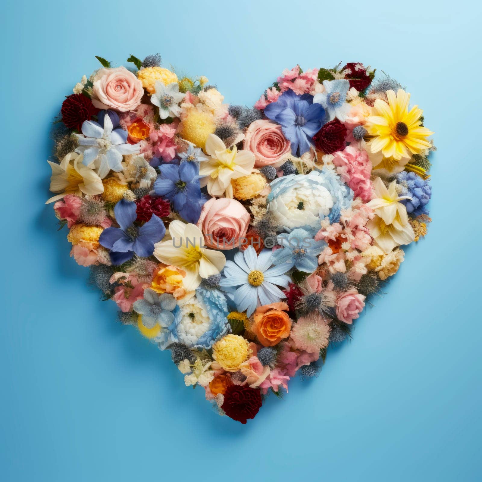 The heart is lined with beautiful multicolored flowers on a blue background. The concept of the holiday. Minimalism. High quality photo