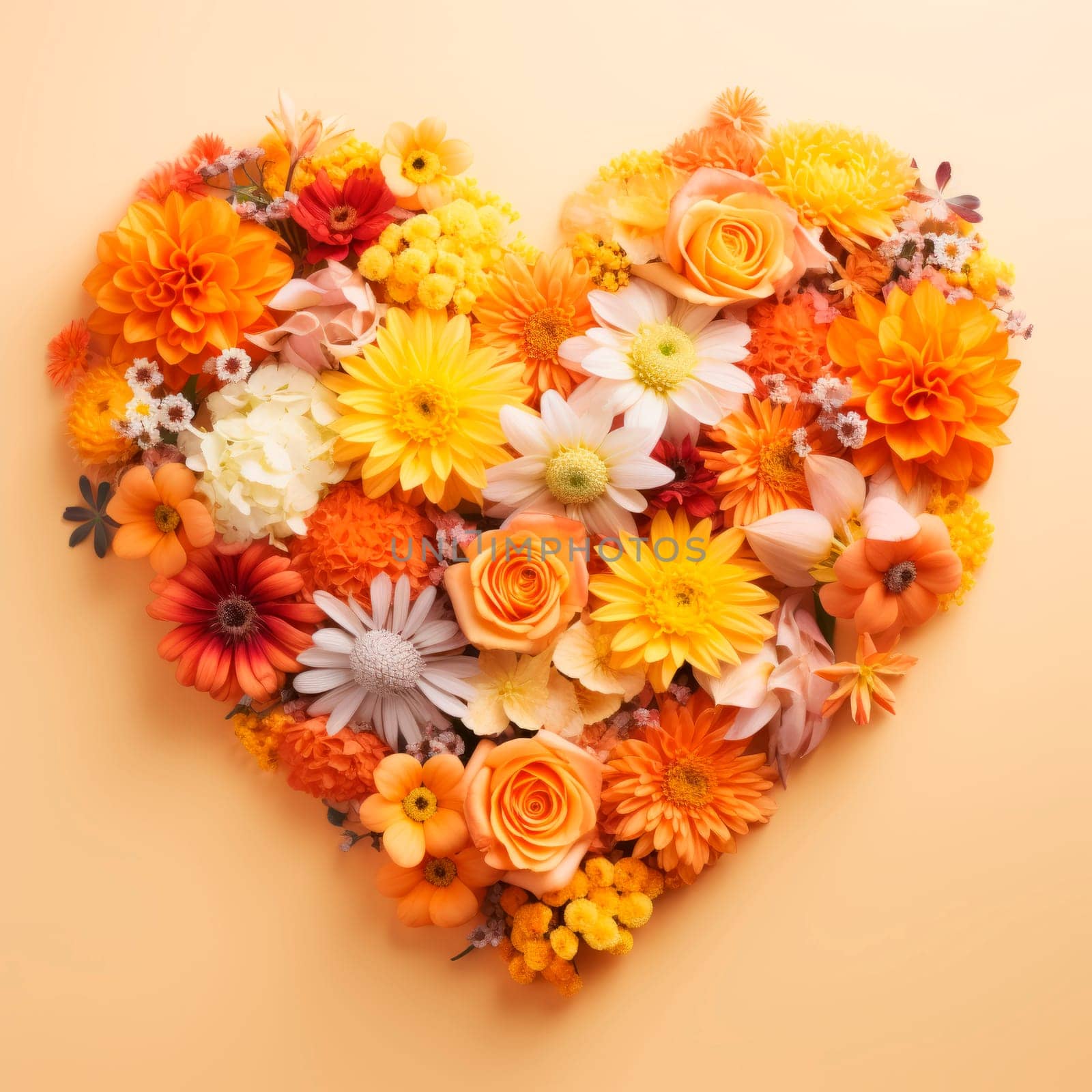 The heart is lined with beautiful multicolored flowers in a yellow-orange scale by Spirina