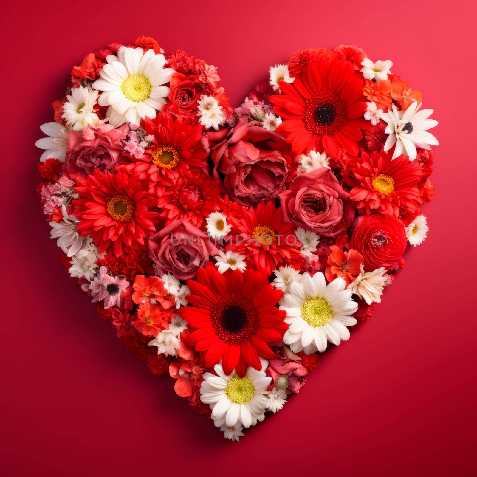 The heart is lined with beautiful flowers on a red background. Minimalism.