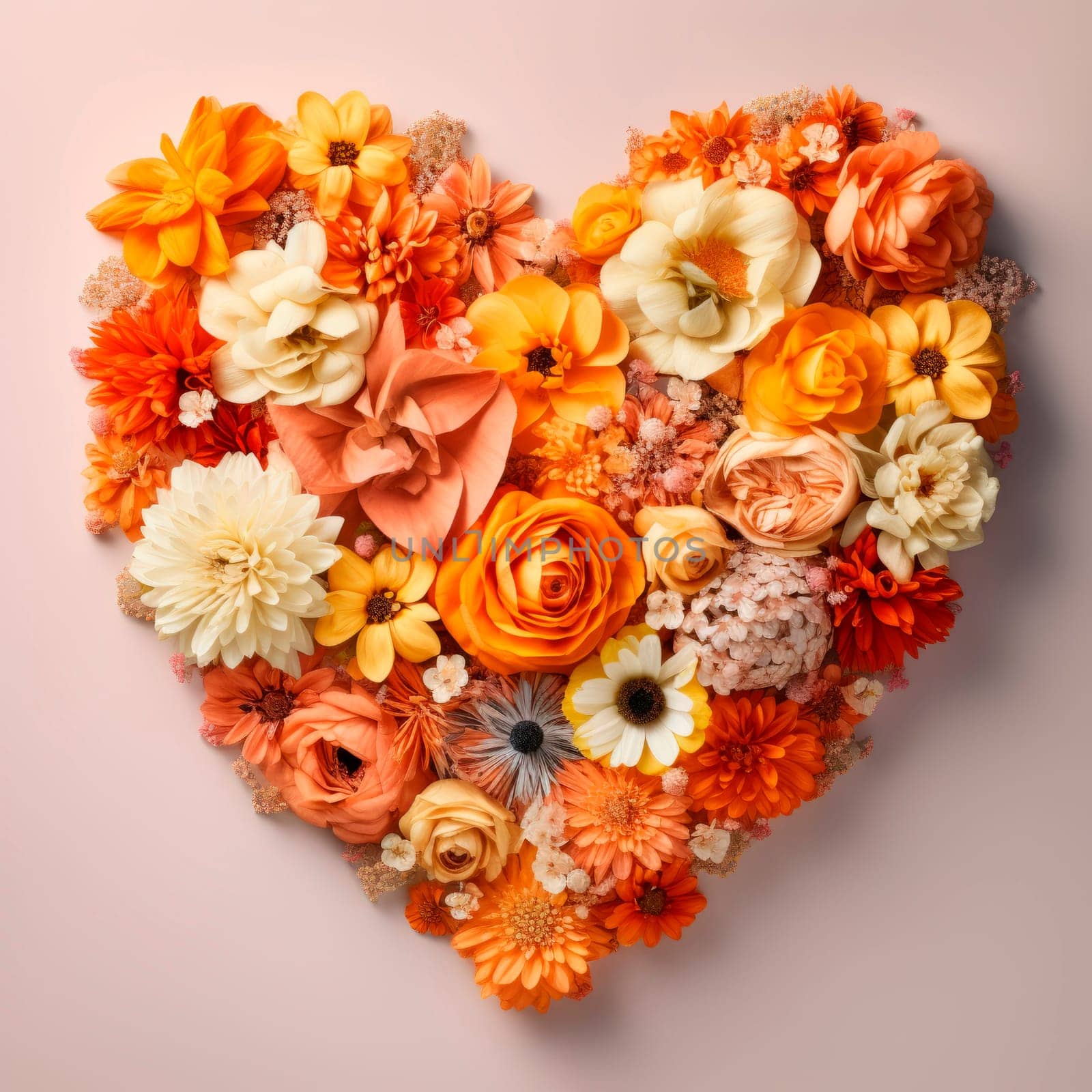 The heart is lined with beautiful multicolored flowers in a yellow-orange scale. The concept of the holiday. Minimalism. High quality photo