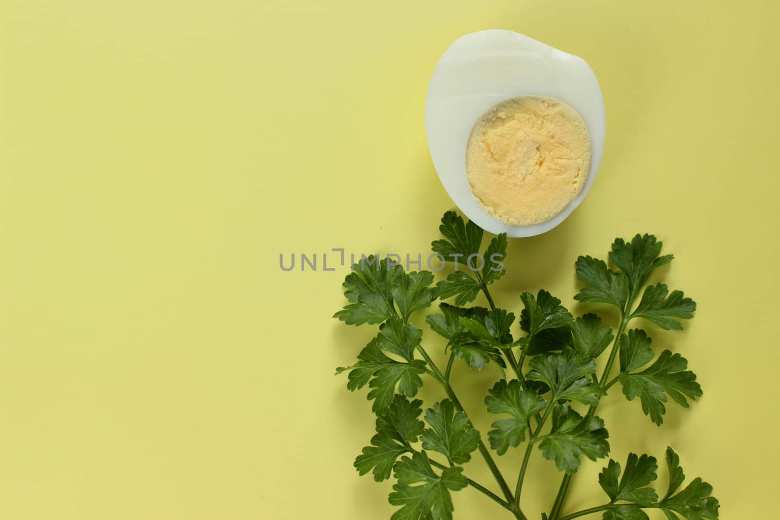 Green parsley and a boiled chicken egg on a yellow background. High quality photo