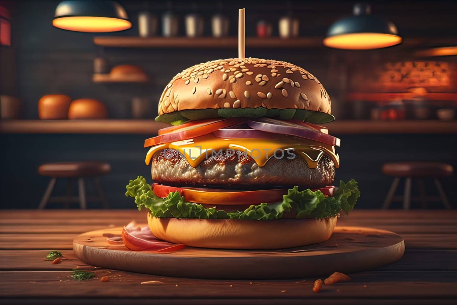 Big tasty hamburger on wooden table. ai generative