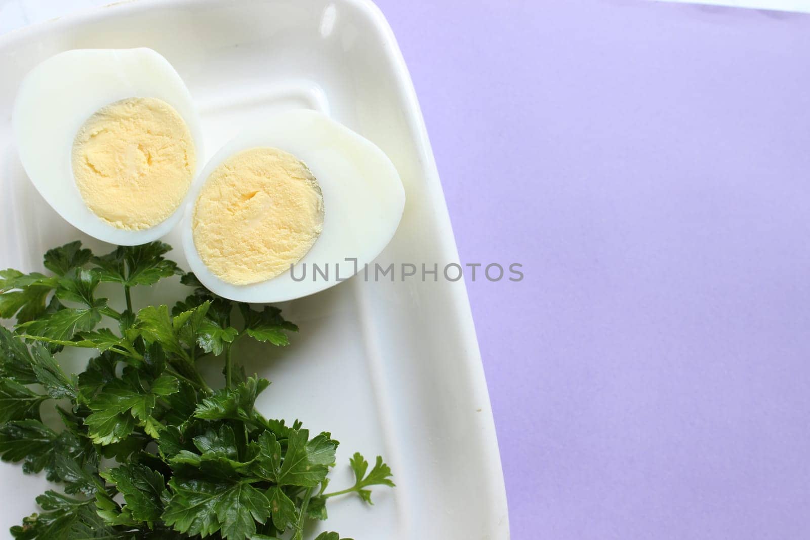Boiled chicken egg and parsley on a purple pink background. High quality photo